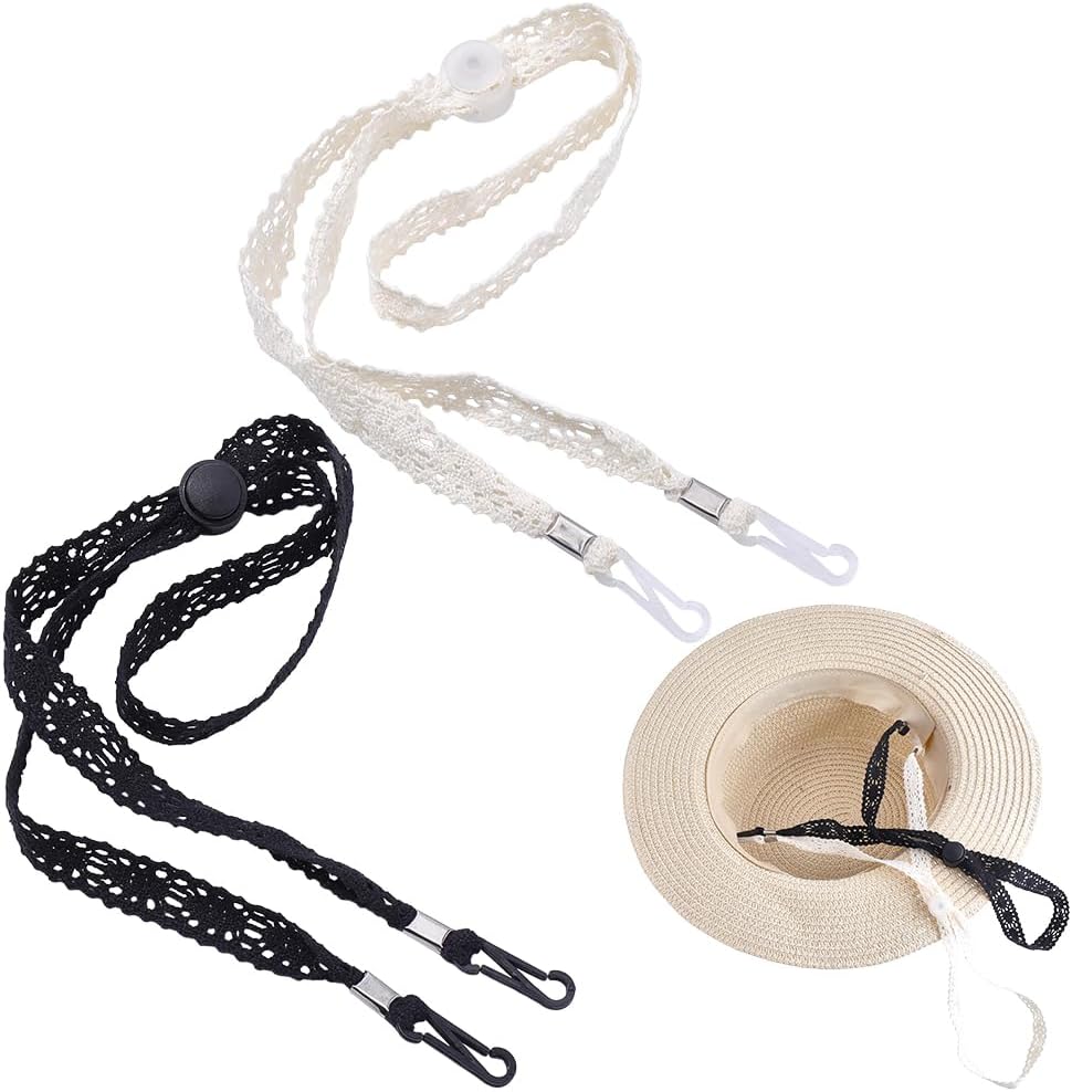 CRASPIRE 2Pcs Black Hat Cord Hat Chin Strap Beige Polyester Lace Summer Caps Aesthetic Adjustable Windproof Removable Retainer Lock Fasteners for Golfing Fishing Boating Sailing DIY Outdoor Activities