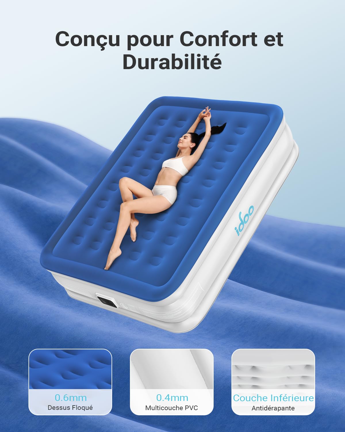 iDOO Matelas Gonflable 2 Personnes, Lit Gonflable avec Pompe Intégrée, Gonflage Rapide en 3 Minutes, Lit D'appoint Doux et Confortable, Matelas Pneumatiques pour Maison et Camping-152x203x46cm