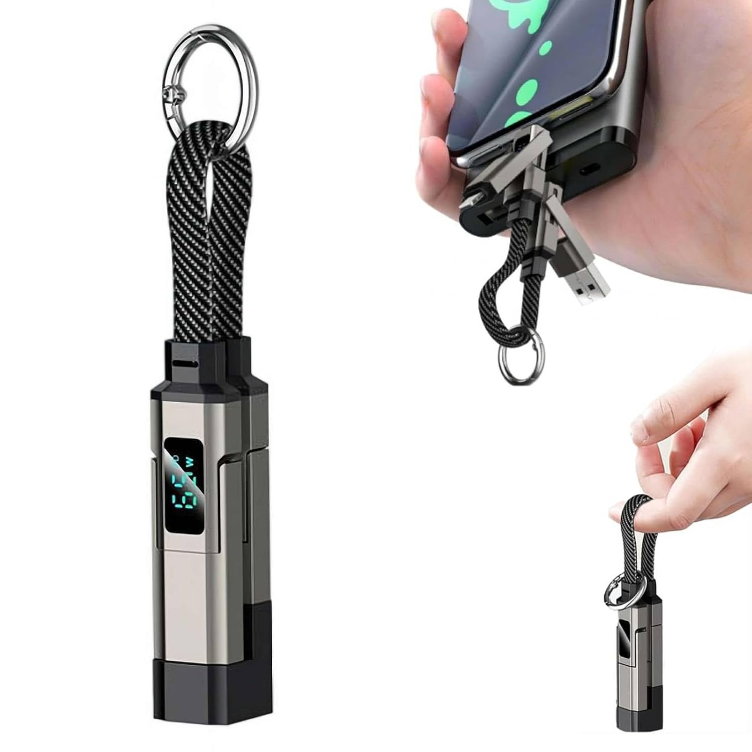 4-in-1 USB C Keychain Charger Cable with Digital Display, 65W Fast Charging Short Braided Data Cord for Type-C/L/USB-A, Portable Multi Charger for Phone Tablet Laptop (Black)