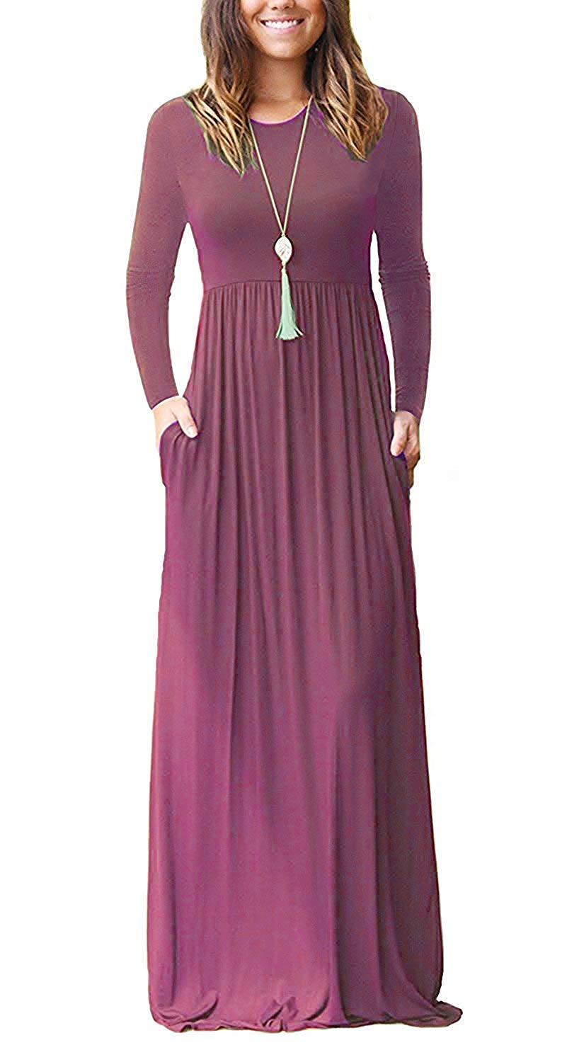 AUSELILY Women's Casual Long Sleeve Maxi Dress Loose Long Dresses with Pockets Mauve XXL