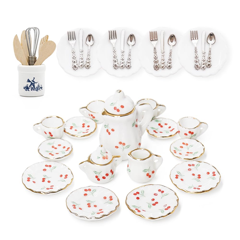 Odoria Dollhouse Miniature Tea Set: 15 Pcs 1/12 Scale Tea Service Plates Cutlery Set and Cooking Supplies for Vintage Kitchen Party Dining Room - Mini Decoration for DIY Collection Models, Cherry — image 1