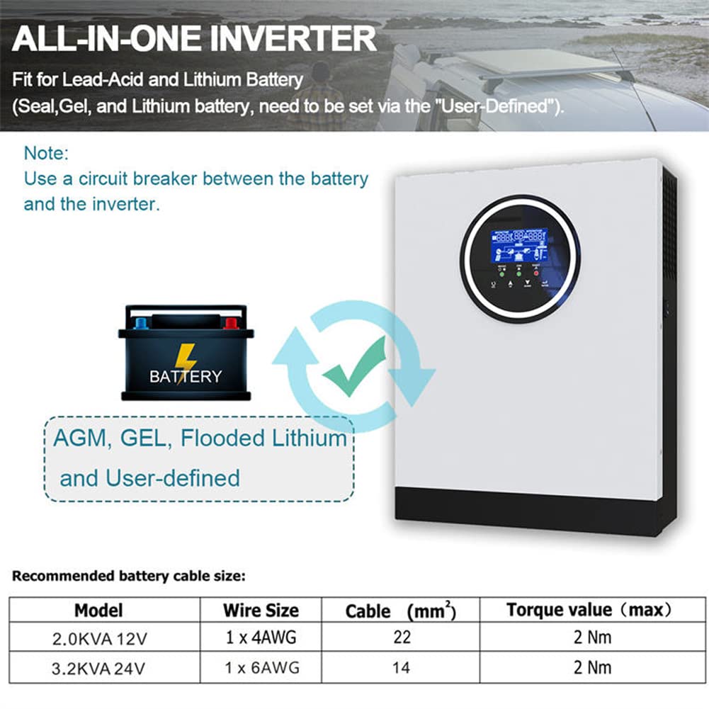 Onduleur Hybride Solaire 3KW, DC24V à AC230V, onduleur à Onde sinusoïdale Pure Hors réseau avec Chargeur Solaire MPPT 80A + Chargeur AC, entrée PV Max 3000W DC130-430V, adapté pour Batterie Plomb-aci