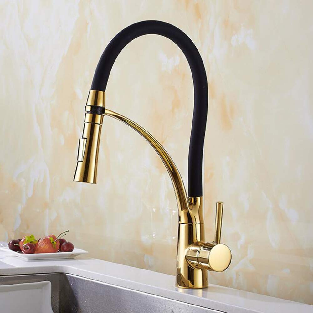 Miscelatore da cucina allungabile in oro e nero con doccetta estraibile, rubinetto da cucina monocomando girevole a 360° in ottone