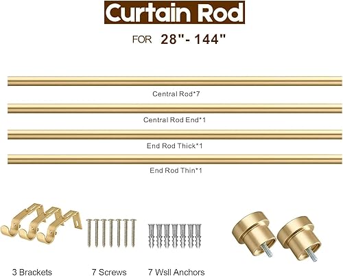 Miniatura 9 de Briofox Barras de cortina de oro para ventanas de 66 a 120 pulgadas, barra de cortina ajustable resistente de 1 pulgada con remates decorativos