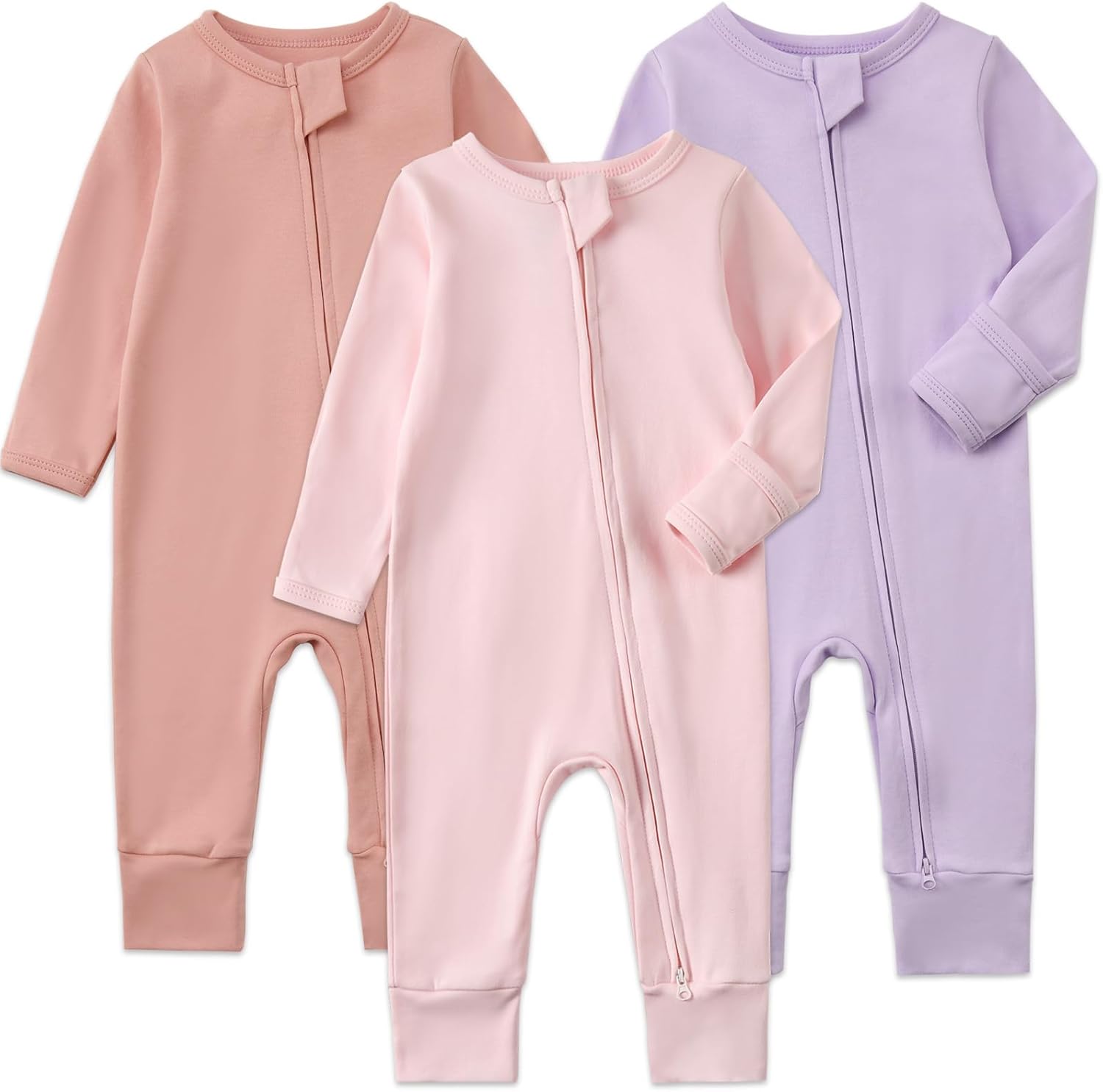 Aablexema 3-Pack Organic Cotton Baby Footless Pajamas with Mitten Cuffs, 2-Way Zipper Infant Romper Outfit