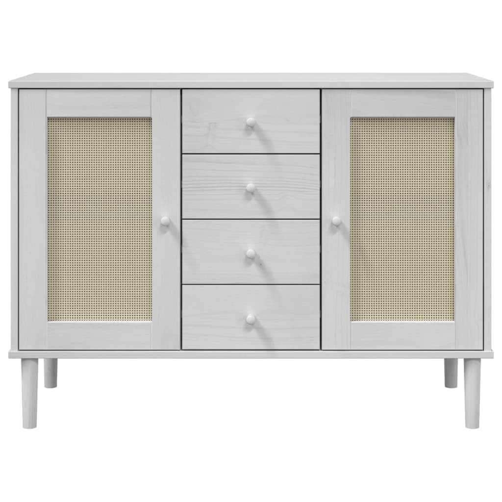 Buffet Commode en Bois Massif de Pin Blanc, Meuble de Rangement Aspect Rotin Style Bohème et Moderne, Enfilade avec 4 Tiroirs et 4 Compartiments pour Salon ou Chambre, 112x40x80 cm, SENJA