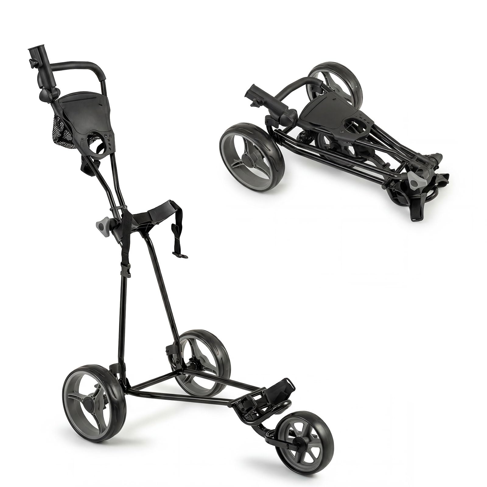 GYMAX Carrello da Golf Pieghevole a 3 Ruote con Freno a Pedale, Ombrello e portabicchieri, Manico Regolabile in TPR e Borsa a Rete, Supporto Leggero per Sacca da Golf