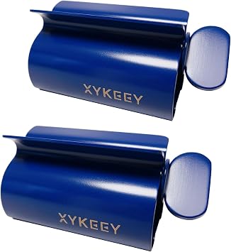 XYKEEY Toothpaste Tube Squeezer - Set of 2 Toothpaste Squeezer Rollers, Metal Toothpaste Tube Wringer Seat Holder Stand Blue