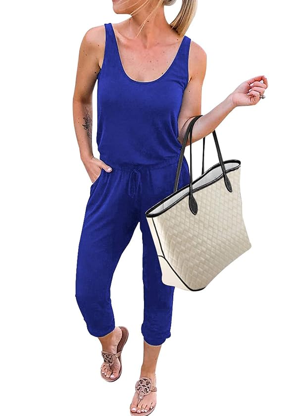KIRUNDO Women 2026 Summer Jumpsuits Casual Sleeveless Drawstring Elastic Waist Romper Vacation Cruise Airport Travel Outfits(Blue, Small) by KIRUNDO - Used condition - US$13.12