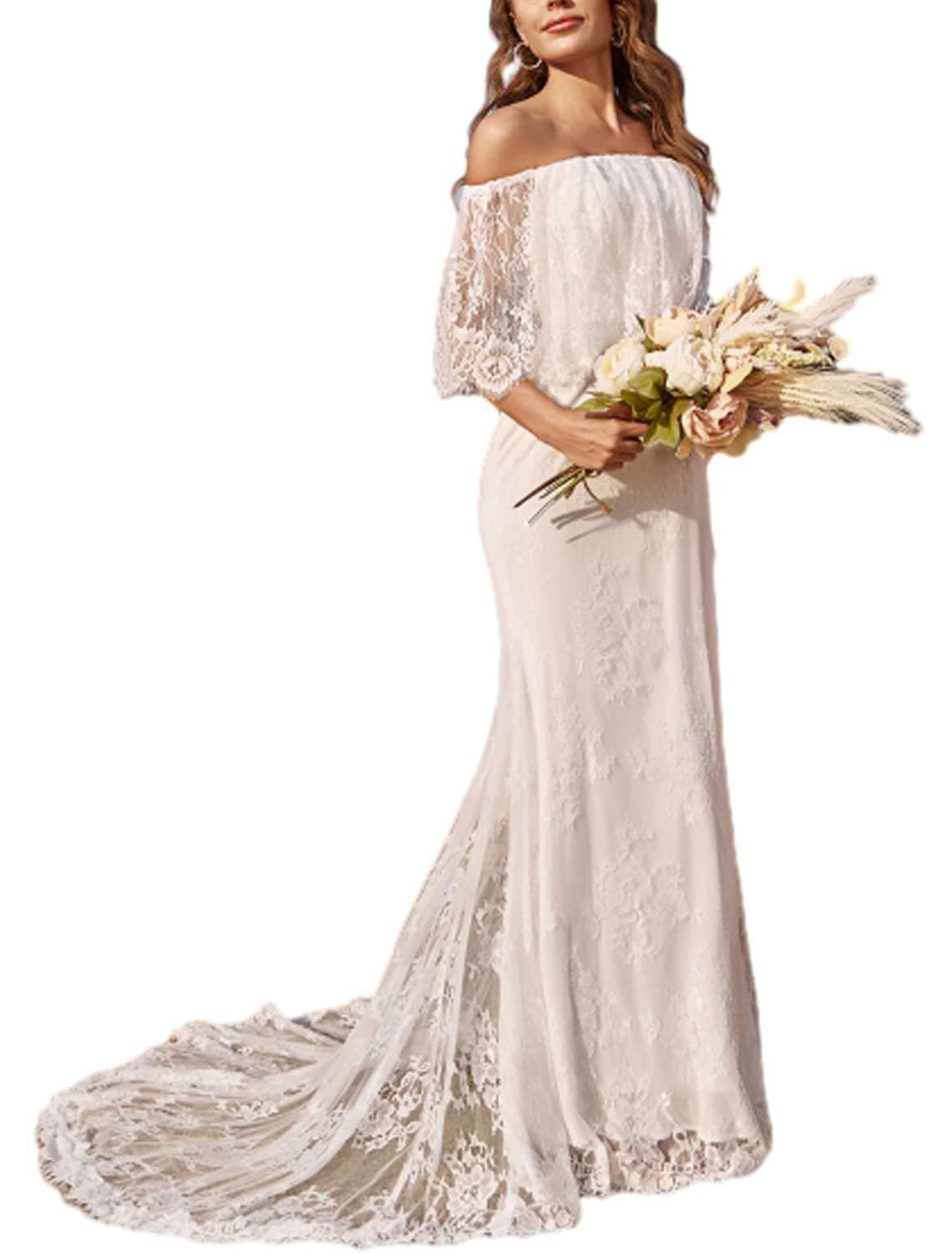 Womens Lace Beach Wedding Dresses for Bride Off Shoulder Country Bridal Dress Bohemian Wedding Gown with Train PS027
