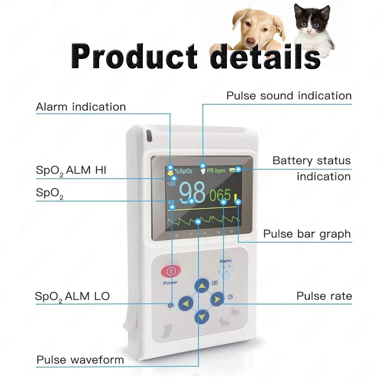JOSBY Ossimetro Veterinario Portatile, 30 BPM~250 BPM Monitor della frequenza cardiaca degli Animali, con sonda e Cavo USB, sensore SPO2 Orecchio/Lingua, per Famiglia, Ospedale per Animali Domestici