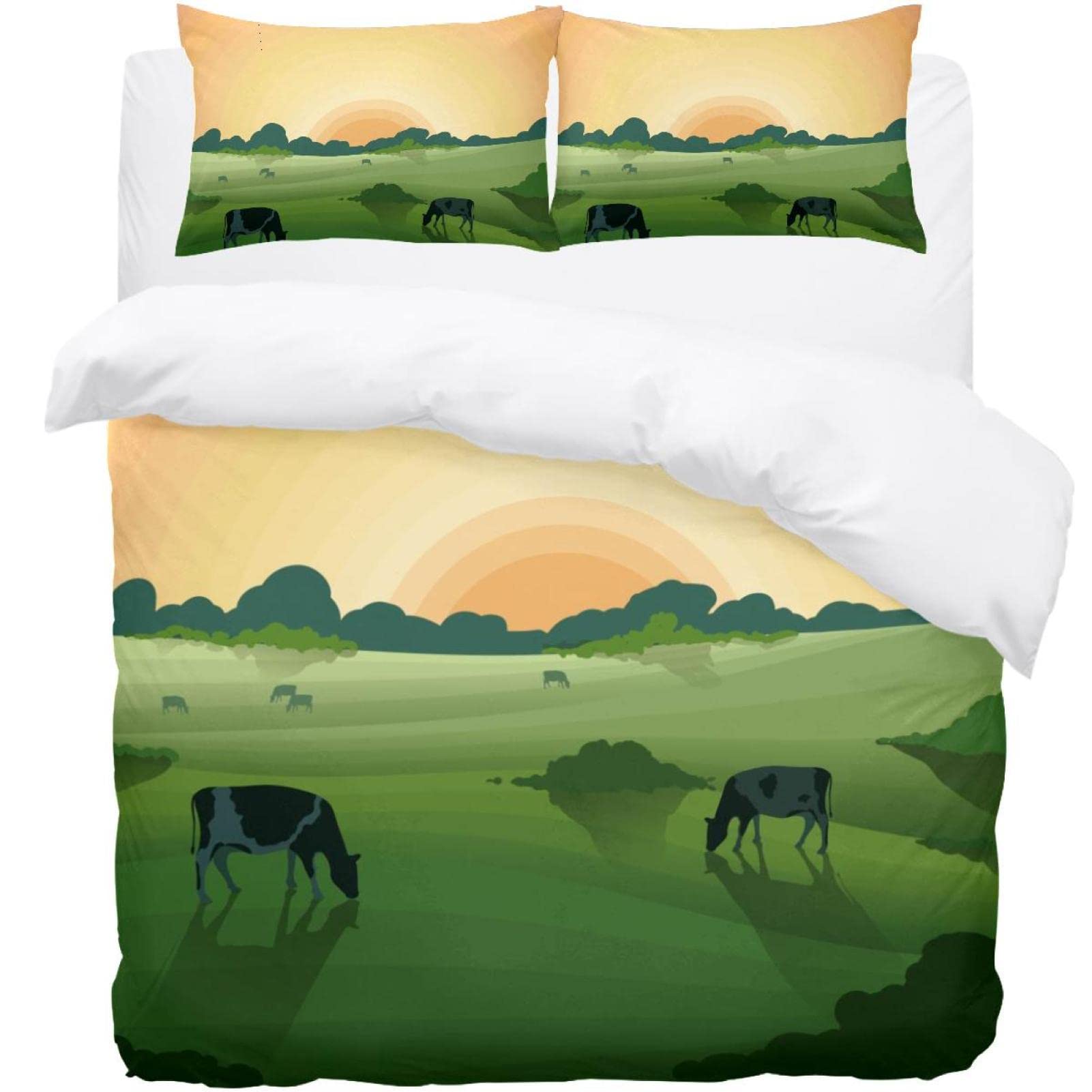 Housse de couette champ de vache et 2 taies d'oreiller pour linge de lit original et nature