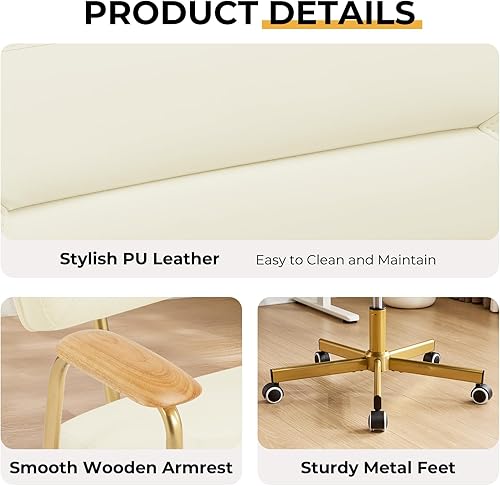 Miniatura 5 de Furniliving Sillas de oficina de cuero, cómoda silla de oficina, silla giratoria ajustable para computadora con patas doradas y reposabrazos