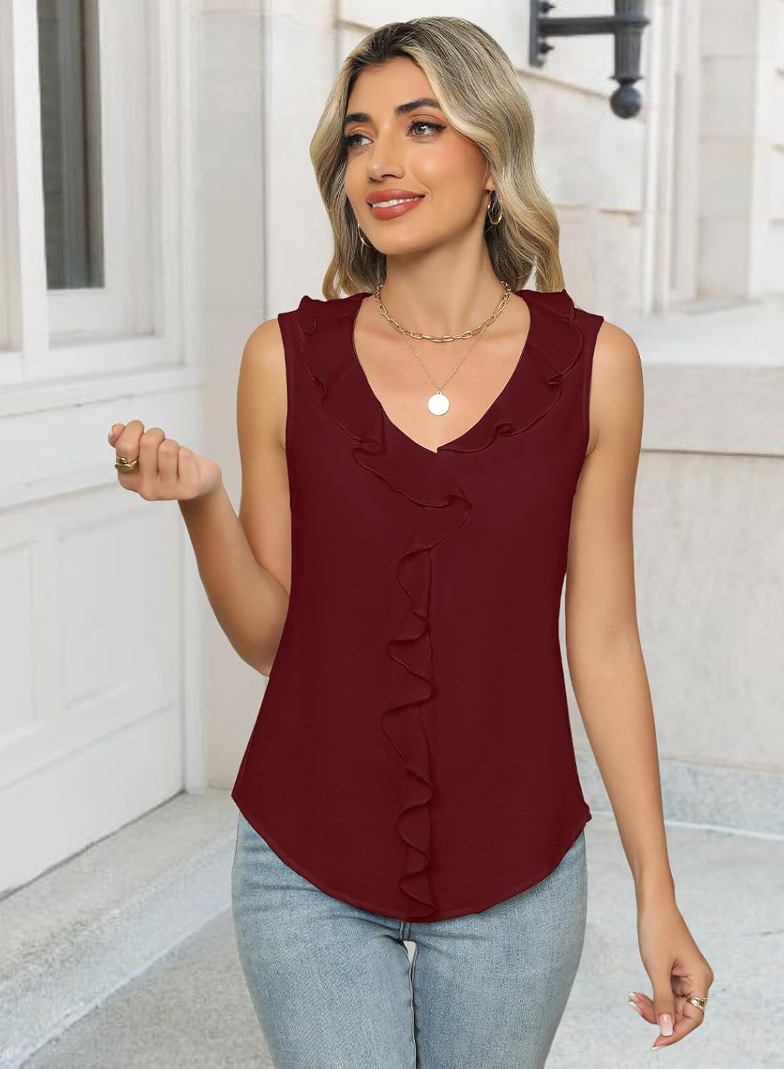 Women's Dressy Casual Blouses Sleeveless V Neck Ruffle Tank Tops 2026 Trendy Summer Ladies Business Work Shirts - Image 7