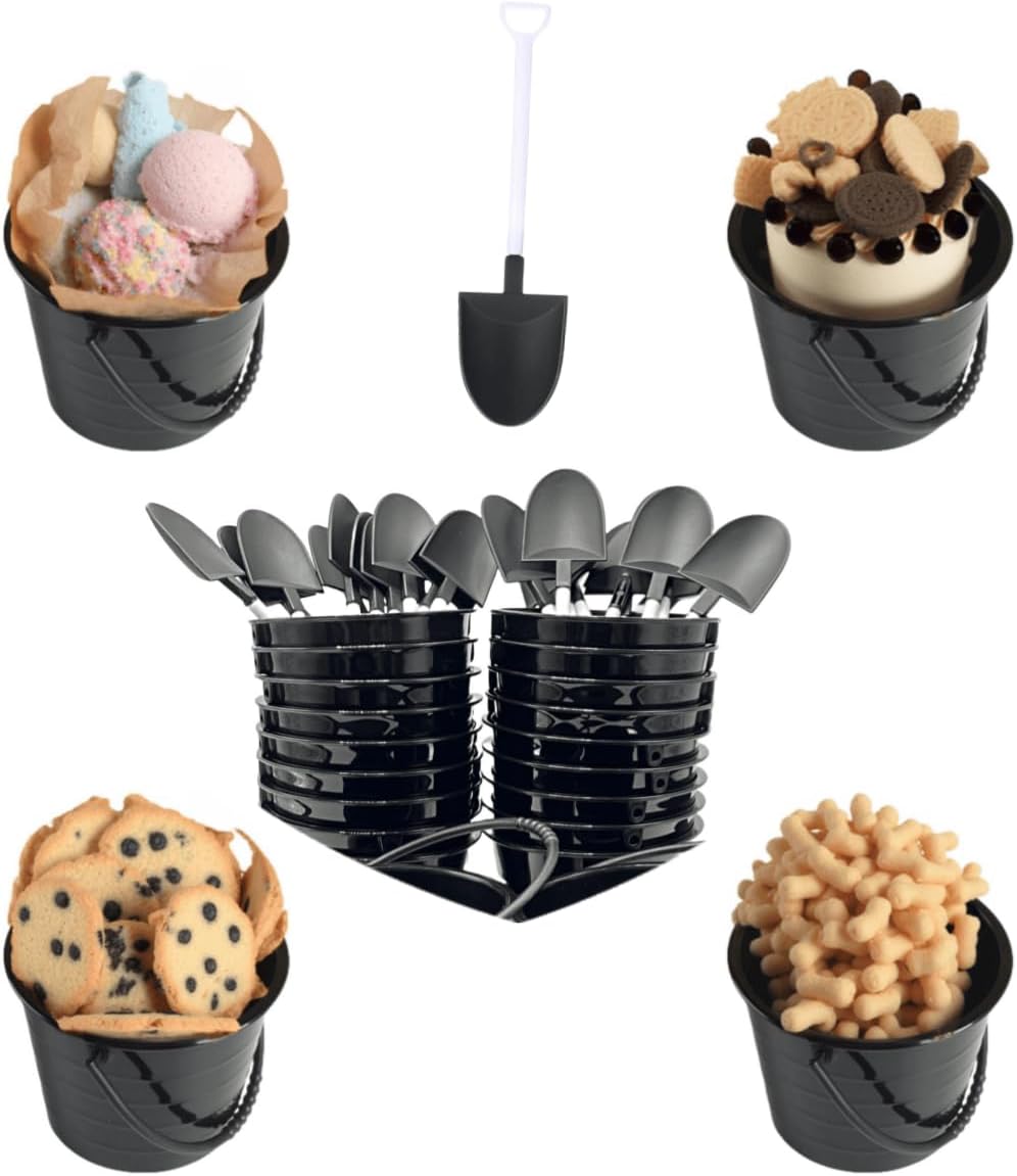 20 Set Plastic Dessert Cups with Shovel Spoons, Reusable 5.7oz Black Bucket Cup for Birthday Party Supplies,Cupcakes and Mousse,DIY Baking(Reusable,5.7oz)