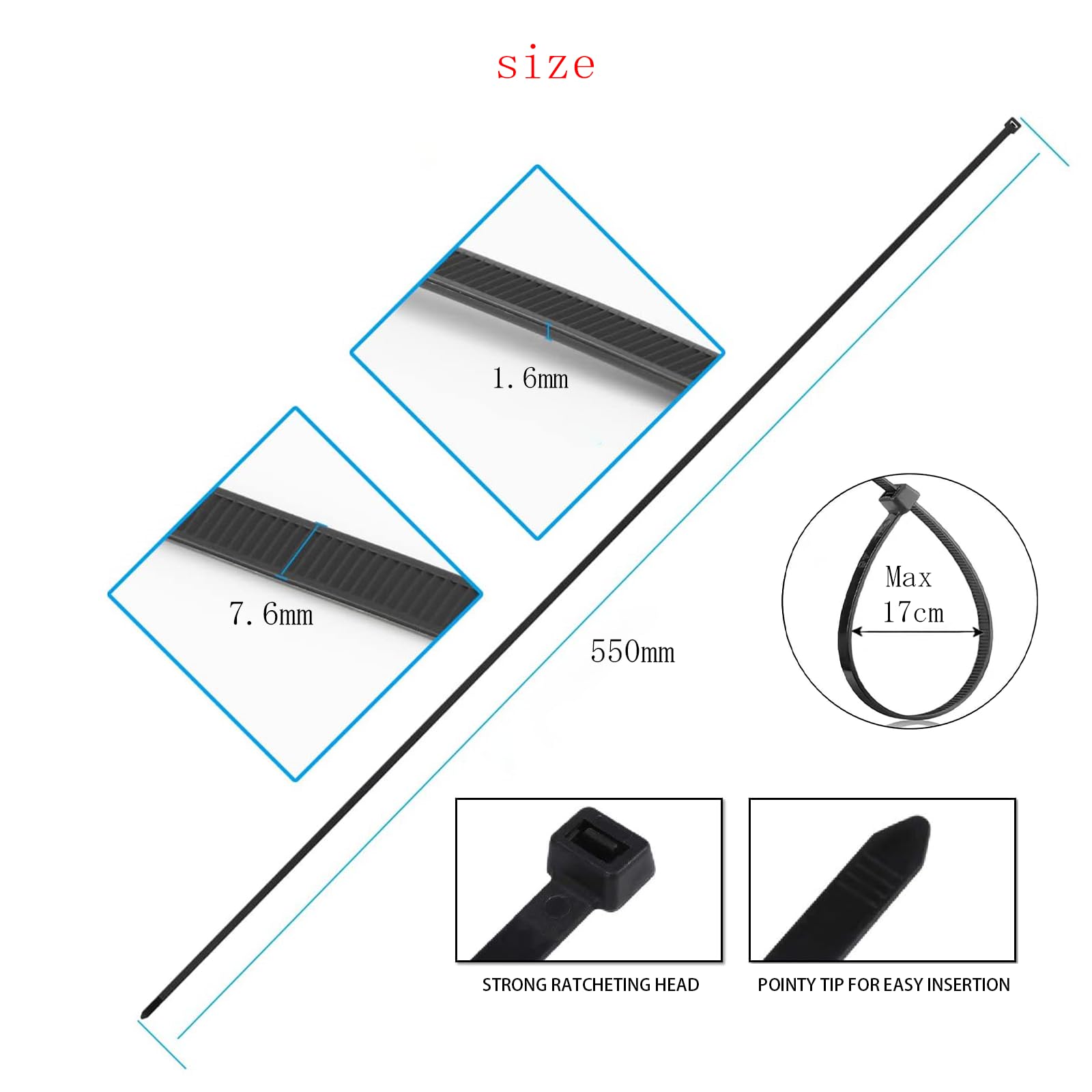 EzySup Extra Large Zip Ties Heavy Duty for Outdoor Use,550mm x 7.6mm,55kg Tensile Strength,100 Pieces,Black - Image 2