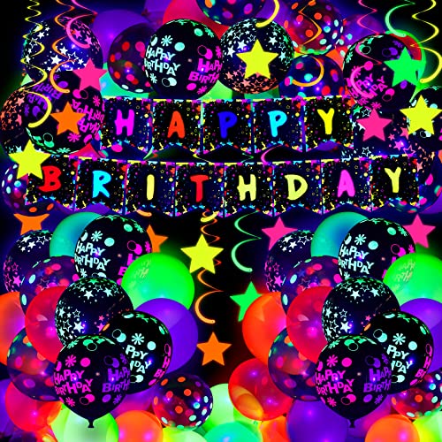 Jetec 71 Pcs Neon Birthday Party Supplies Decorations Include Clear Glow in The Dark Balloons, UV Neon Balloons, Star Hanging Swirls, Rave Theme Birthday Decor Banner Accessories Supplies by Jetec - Used condition - US$14.89