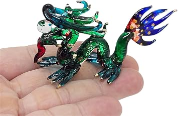 WitnyStore 3" Green Blue Chinese Asian Dragon Artistic Blown Glass Figurine Hand-Blown Statue Tabletop Decoration Unique Collectible for Adult Collectors Handcrafted Elegant Home Room Decor