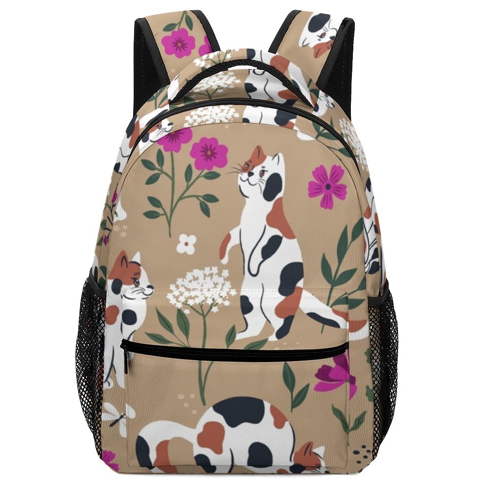 Generic BALII Mochila para niños con diseño de gatos y flores, mochila escolar para niños pequeños, bolsa de viaje para mujeres, hombres, niñas y niños, Lindos gatos y flores, 11x30x41 CM