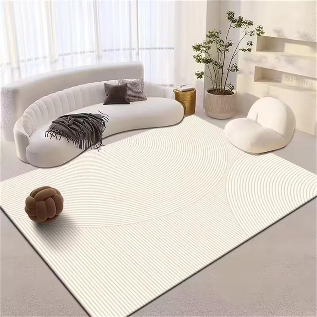 Tapis de salon lavable 140x210cm à rayures, tapis sol enfant beige pratique