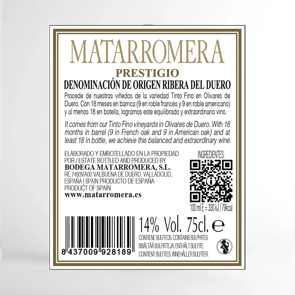 Matarromera Prestigio Tinto D.O. Ribera del Duero 75 cl Caja Madera | Vino de Autor · 100% Tempranillo · 18 meses barrica + 18 botella · Medalla de Oro Bruselas · Ideal para regalo
