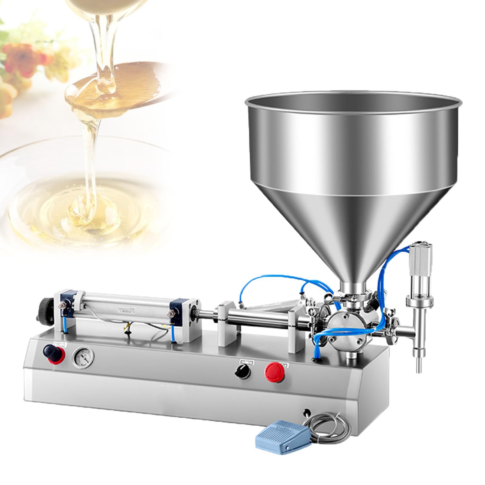 Máquina de llenado de pasta neumática, tolva de 30 litros, capacidad de 100-1000 ml, ideal para llenado de líquidos y cremas, alta eficiencia, adecuada para industrias alimentarias, cosméticas y