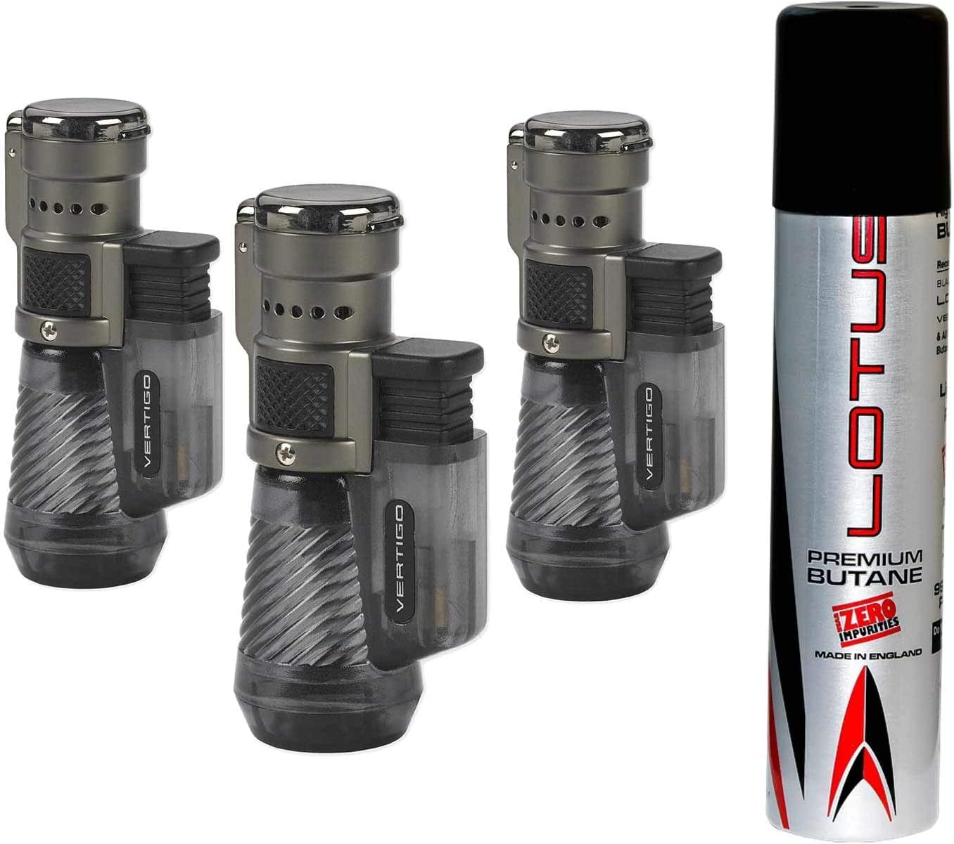 Vertigo Cyclone Triple Torch Cigar Lighter Charcoal or Clear 3 Pack Plus 1 Lotus 90ml Butane Can (Charcoal)