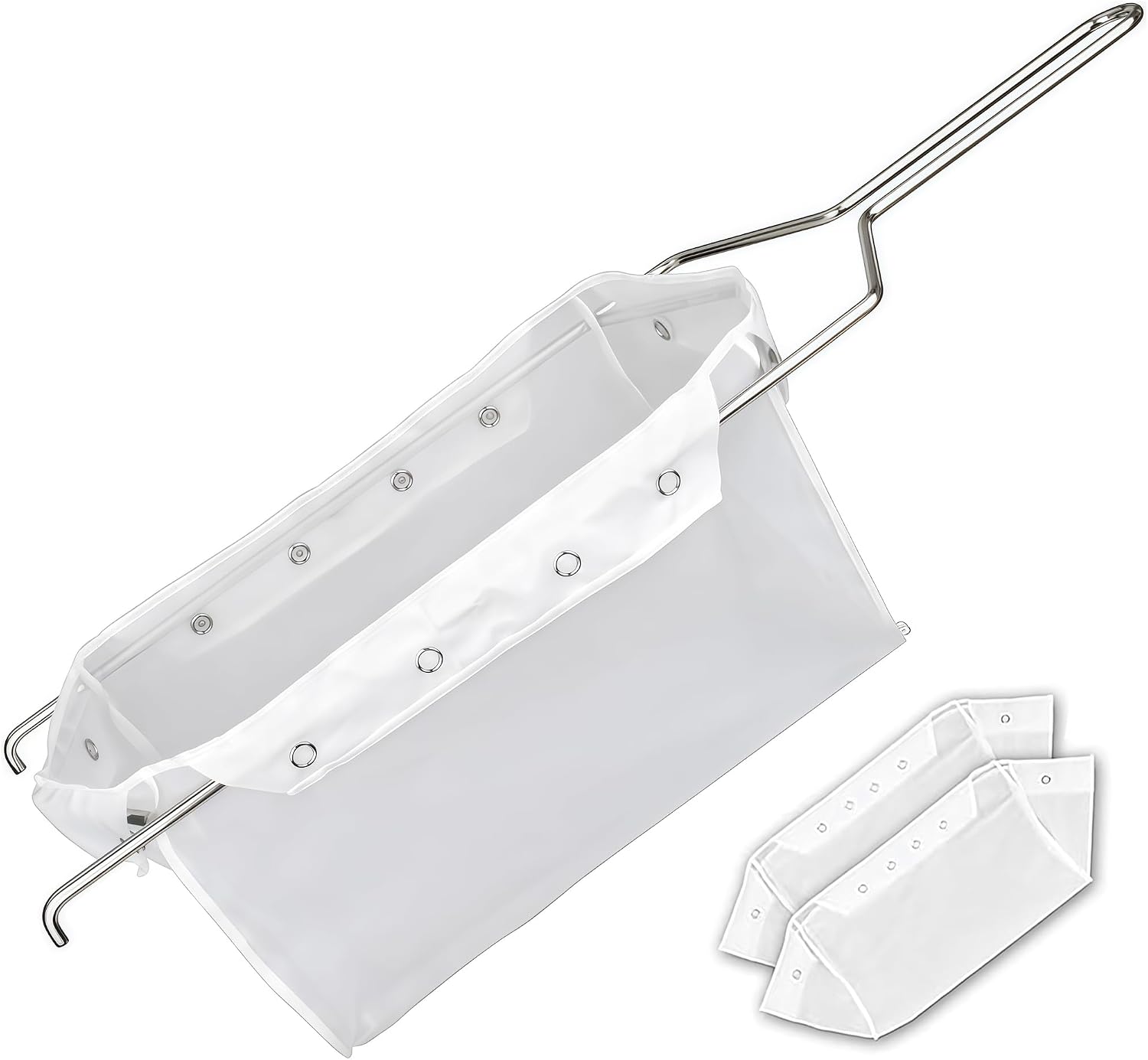 (2 Filter Bags-1Frame) Reusable Fryer Oil Filter Bag & Frame Set, Extends Oil Life, Easy Clean, for 70 lb Commercial & Home Deep Fryers