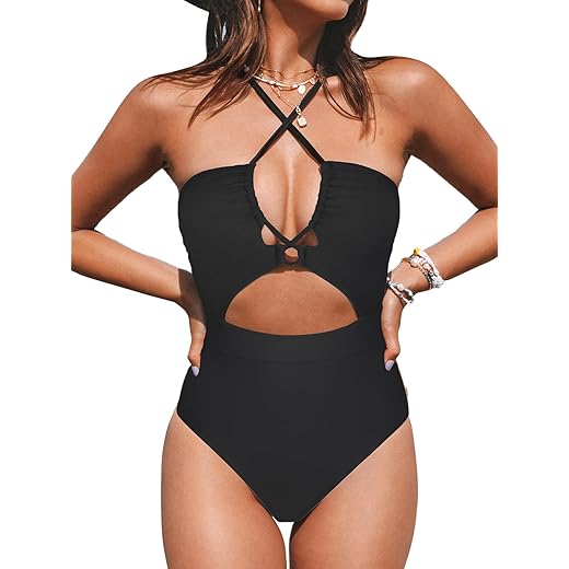 CUPSHE Women's One Piece Swimsuit Plunge Neckline Cutout Criss Cross Bathing Suit Black M