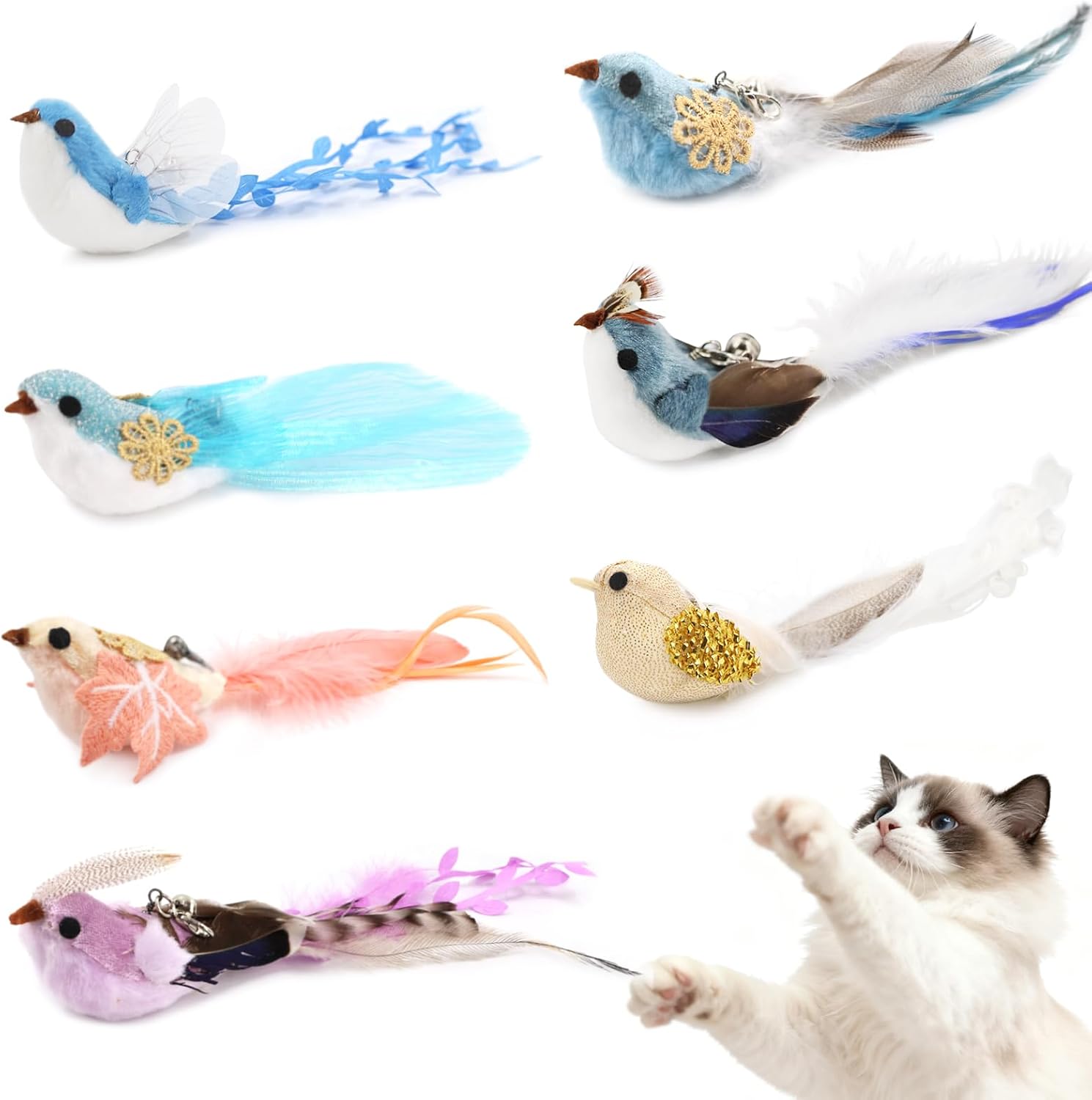 SONGWAY Cat Toy Wand Refills - 7 Pieces Realistic Plush Bird Cat Toys with Natural Feather Tails, Interactive Cat Teaser Refills for Indoor Cats, Kitten Hunting Play & Boredom Reduction