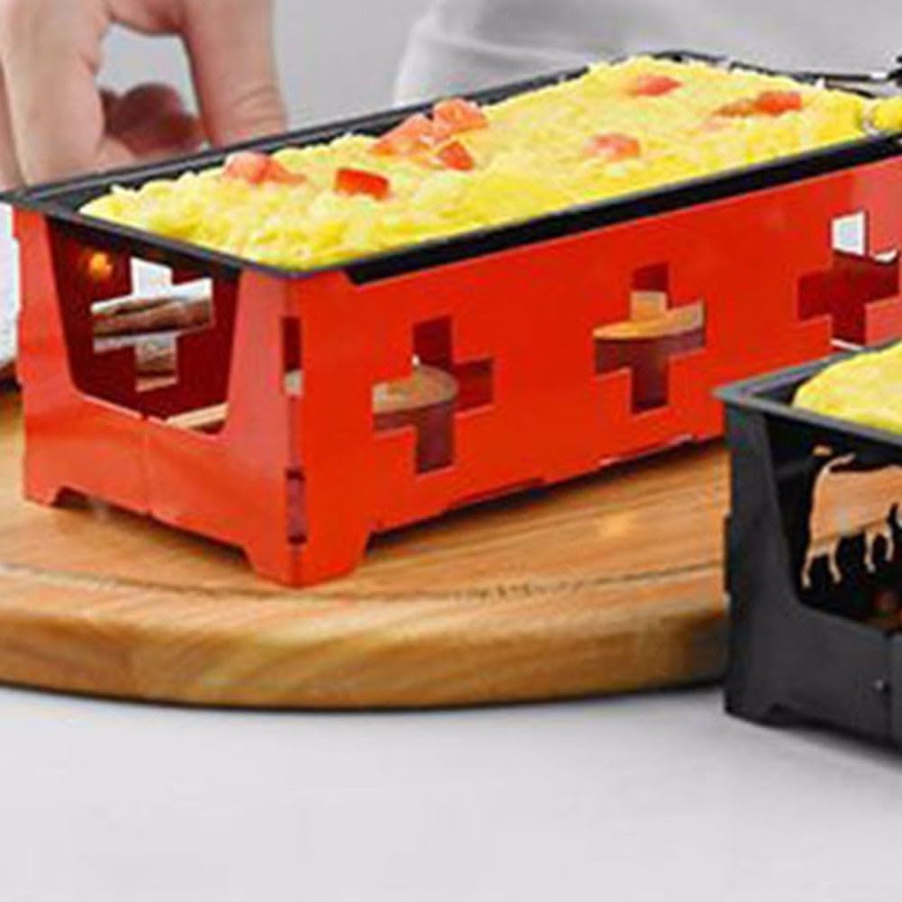 Portable Candle-Heated Raclette Cheese Melter with Carbon Steel Non-Coated Tray and Wooden Handle for Indoor or Outdoor Cooking, Black/Red