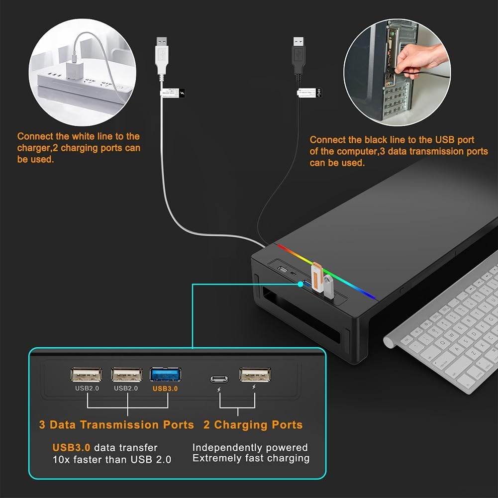 Supporto ergonomico per monitor con spazio di archiviazione e RGB per illuminazione, supporto per computer regolabile in altezza con porte USB, organizer da scrivania per laptop e PC, robusta