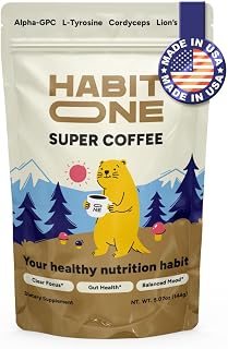 HabitONE Organic Instant Mushroom Coffee Arabica – Lion’s Mane, Cordyceps, Reishi, Chaga – Alpha-GPC & L-Tyrosine, B12 & B3 – Better Energy, Focus, Digestion & Immunity – Made in USA – 30 Servings