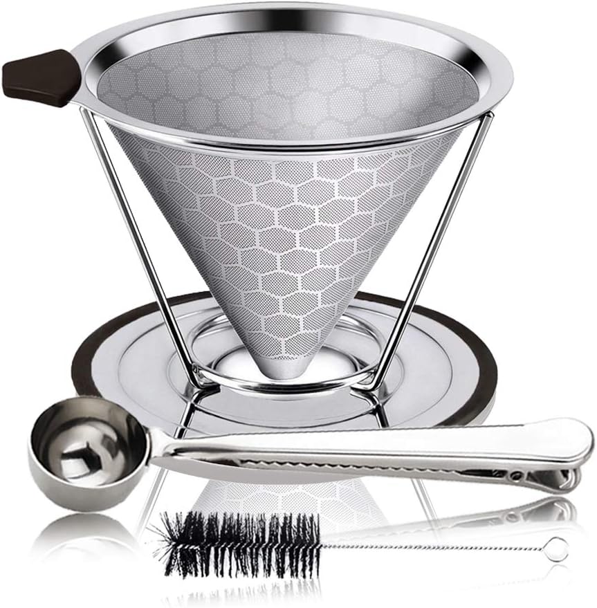 Stainless Steel Coffee Filter, Honeycomb Design Reusable Pour Over Coffee Dripper with Non-Slip Cup Stand and Anti-scalding Handle, 100% Paperless & Eco-Friendly