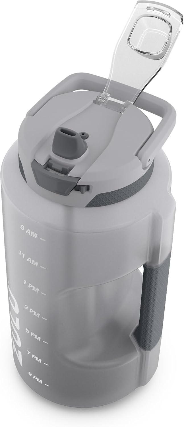 ZULU Goals 128oz Half Gallon Plastic Water Bottle with Straw and Time Marker | Large Reusable Jug with Handle and Leak Proof Lid for All Day Hydration, Gym and Outdoors, Gift Ready, Grey