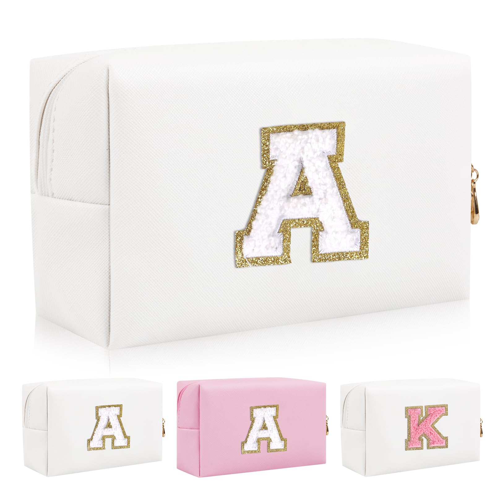 Personalized Initial Letter Patch Makeup Bag Preppy Portable Chenille Cosmetic Bag with Zipper PU Leather Waterproof Travel Toiletry