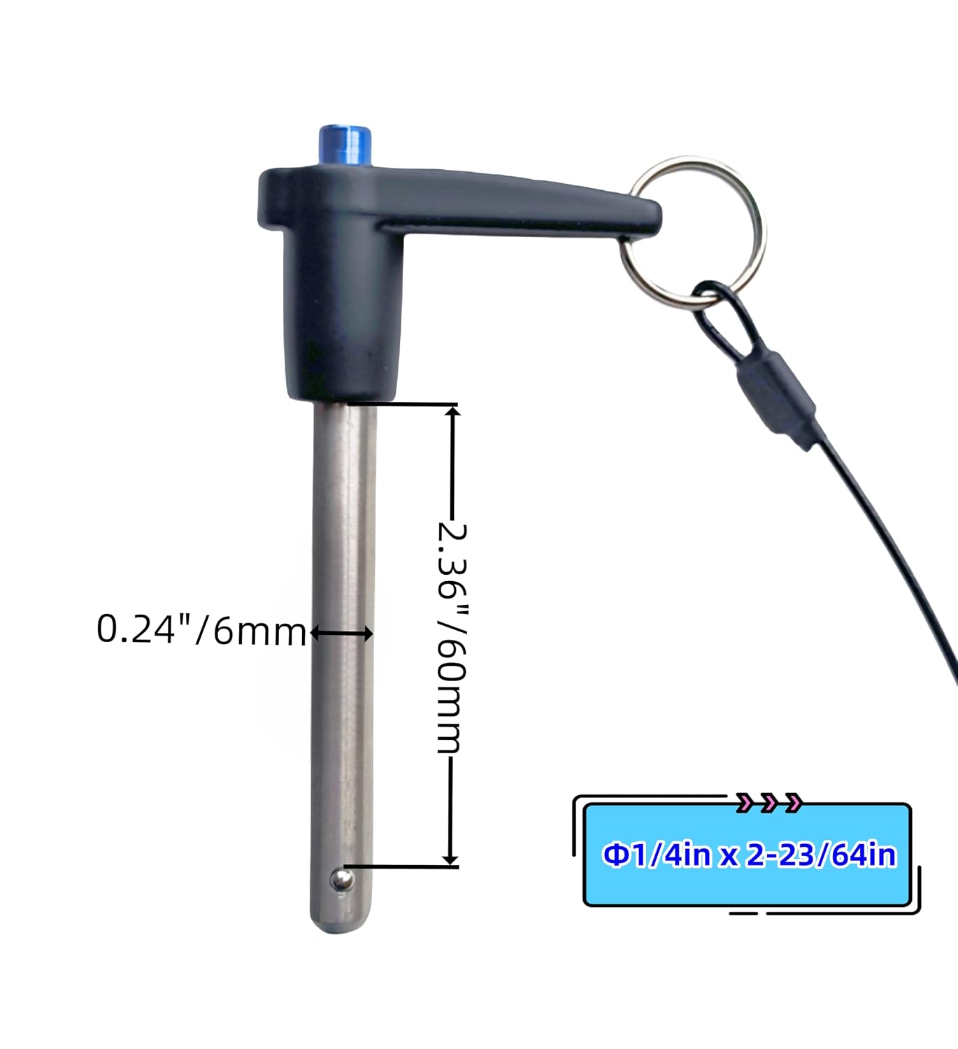 L-Handle Ball Lock Pin, Grip Button Lock Quick Release Pin 304 Stainless Steel Double Ball Pin with Safety Rope (1, Φ1/4in x 2-23/64in)