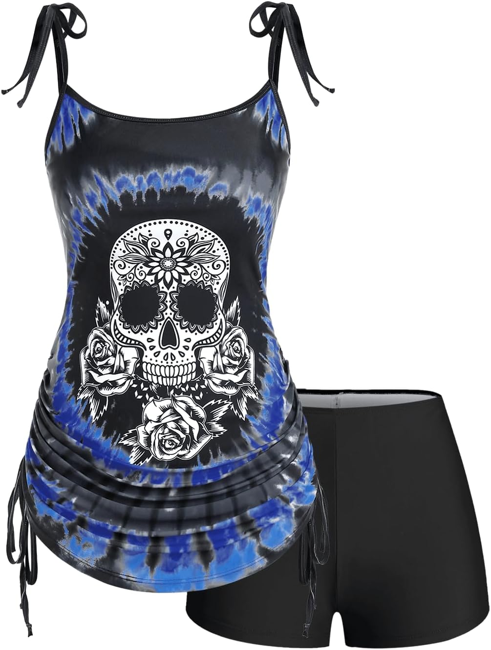 Rosegal Womens Plus Size Skull Rose Tie Dye Print Cinched Ruched Tie Boyshorts Tankini Swimsuit Set