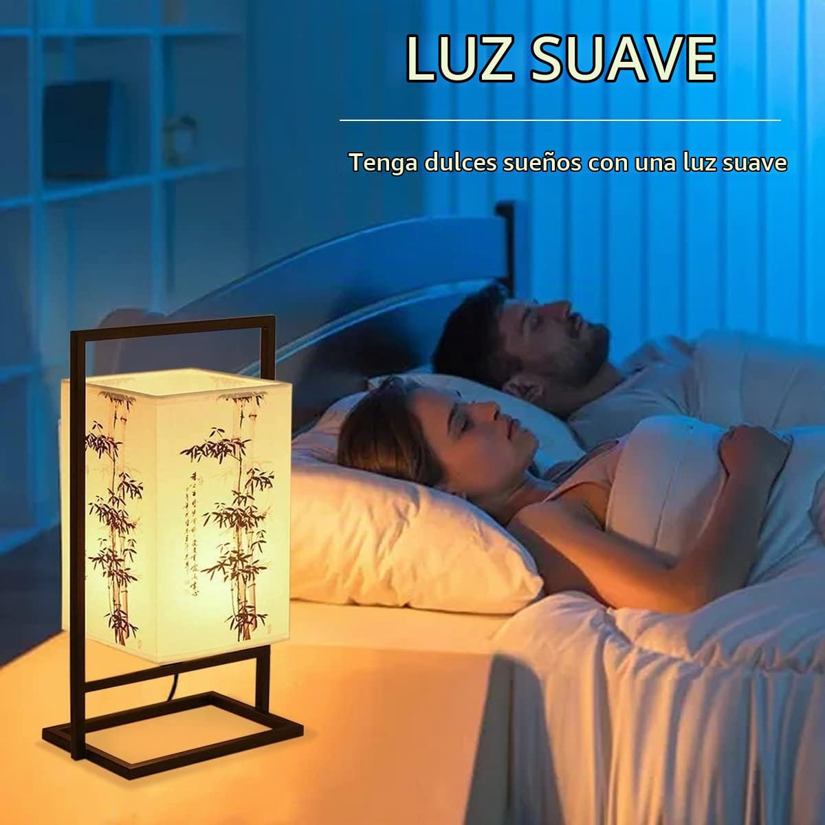 lámpara de noche dormitorio japonés, lámpara de escritorio Industrial marco Metal negro, lámpara de mesa con pantalla de tela cuadrada para dormitorio (interruptor de botón, bambú)