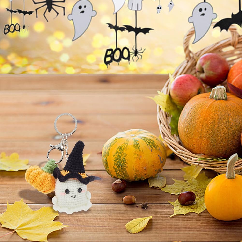 ORIGACH 4 Pcs Halloween Ghost and Mini Pumpkin Crochet Kit for Beginners, DIY Crochet Kit for Adults, Complete Crochet Keychain Set with Step by Step Video Tutorial for Halloween Parties Gatherings
