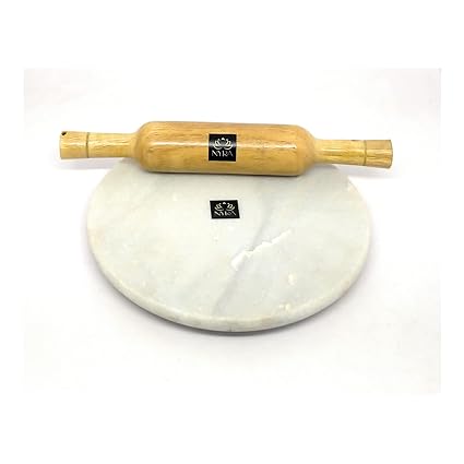 Nyra White Marble Chakla with Wooden Belan/Roti Roller/Rolling Pin Board/Roti/ Phulka/ Chapati Maker for Home & Kitchen
