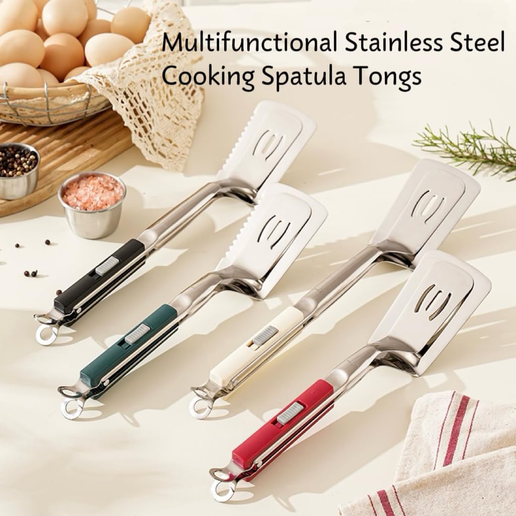 Anti-Scald Serrated Spatula Tongs 11.6-inch Multi-Functional Stainless Steel Cooking Tongs, suitable for flipping steaks fish bread burgers barbecue pancakes pies and pizza.（Red)