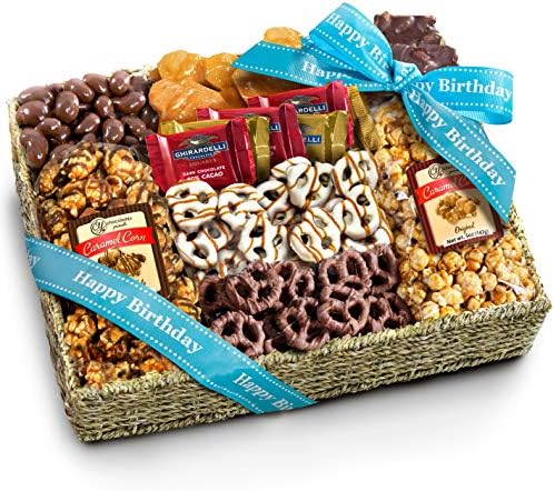 Birthday Chocolate Caramel and Crunch Grand Gift Basket with Snacks, Pretzels, Ghirardelli and Chocolate-covered Nuts