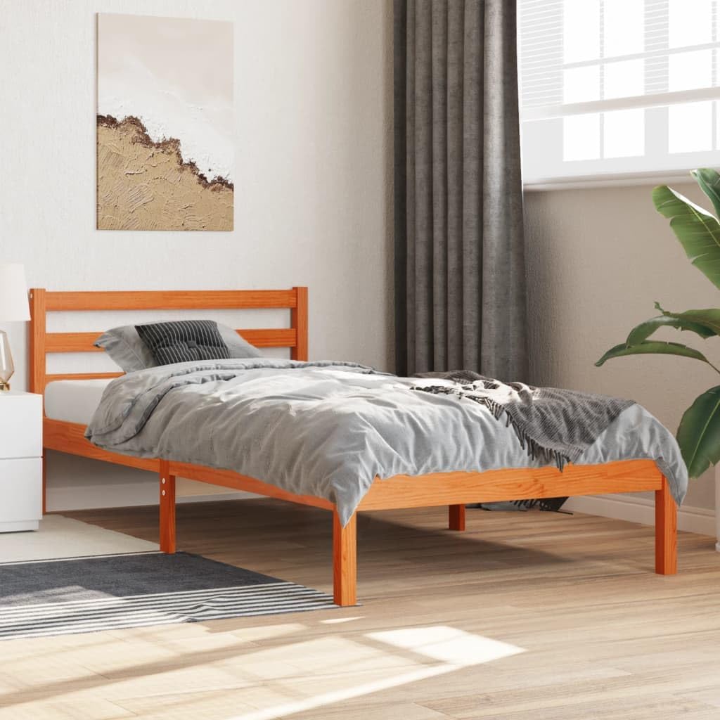 ACAGALA Solid Wood Single Beds 75 x 190 cm Bed Frame with Pine Headboard Cot Bed Wooden Bed with Slatted Base Wax Brown