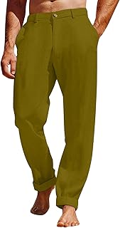Pantalones de vestir para hombre, ajuste regular, casual, de algodón, lino, para trabajo, cómodos, clásicos, para playa, yoga, pantalones