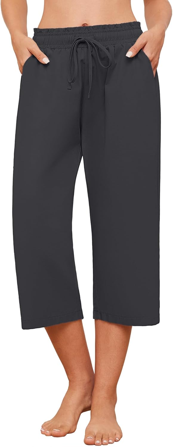 Larmliss Womens Capri Pants Loose Wide Leg Drawstring Elastic Waist Casual Lounge Cropped Pants with Pockets Dark Gray - Image 2