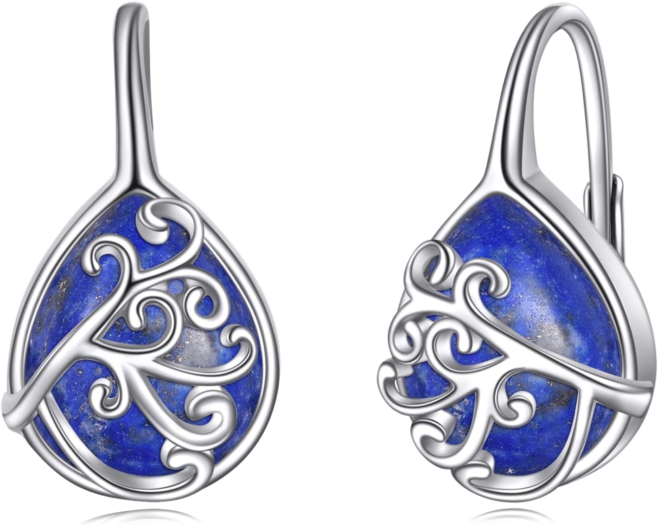 Sterling Silver Filigree Teardrop Moonstone/Lapis Lazuli/Black Onyx/Moss Agate/Emerald Leverback Huggie Hoop Earrings Jewelry Christmas Gifts for Women Girls