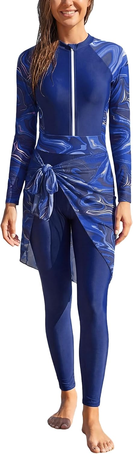 OBEEII Women Burkini Swimsuit Muslim Long Sleeve Tropical Print Full Cover Swimwear Modest Bathing Suit Surfing Rash Guard