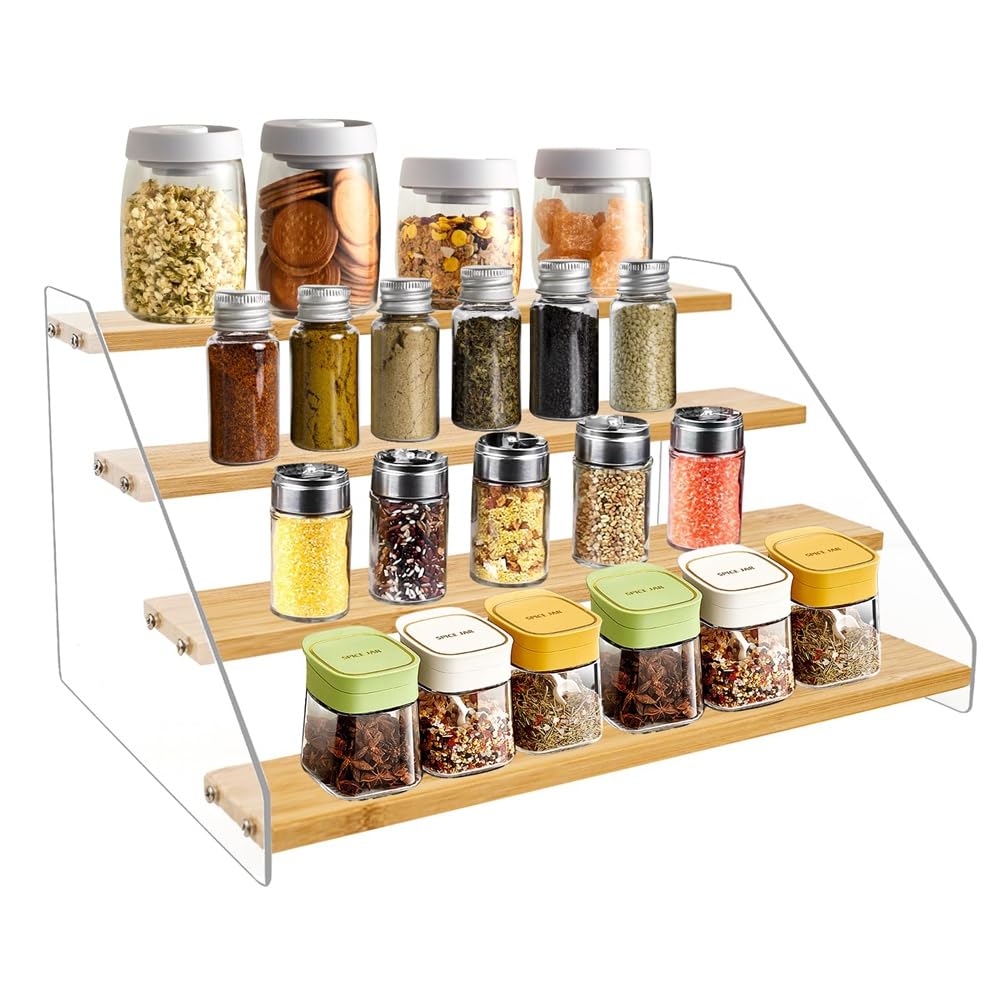 CTRLZS 12In Spice Rack Organizer for Cabinet - Wooden 4Tier Display Stand -Space Saving Display Shelf Riser for Perfume Cupcake