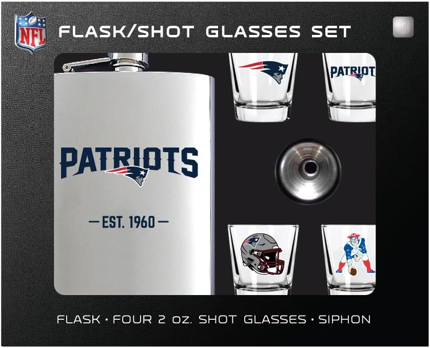 NFL New England Patriots Flask and Shot Glass Gift Set, Silver Stainless Steel, 8oz Flask with Four 2oz Glasses, Team Logo Design